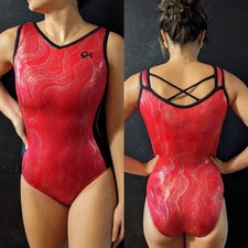 GK Elite Gymnastics Leotard Red Foil Criss Cross Back Size AS