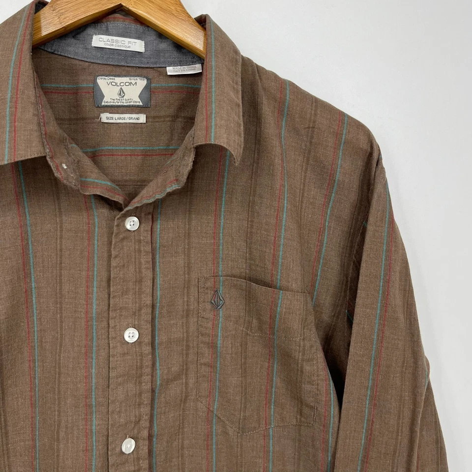 Volcom Long Sleeve Button Shirt Men's L Brown Striped Pocket Cotton Y2K Skate - Image 4 of 4
