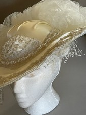 VTG SATIN BRIDAL HAT WITH FLOWERS PEARLS TULLE IN IVORY
