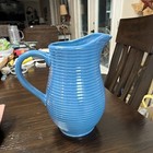 DiningStyle Earthenware Pitcher Ribbed Glossy Blue Handle Dishwasher Safe China — photo 2