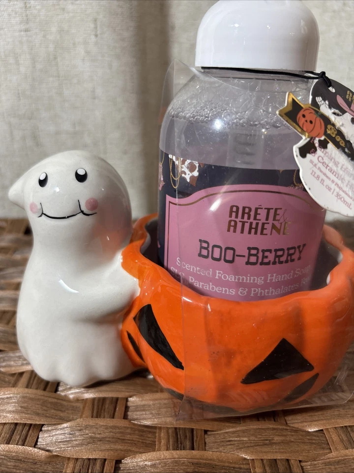 Dispensador de sabão de cerâmica Arete Athene Ghost Pumpkin Boo Berry 11,8 fl oz NOVO - Imagem 3 de 4