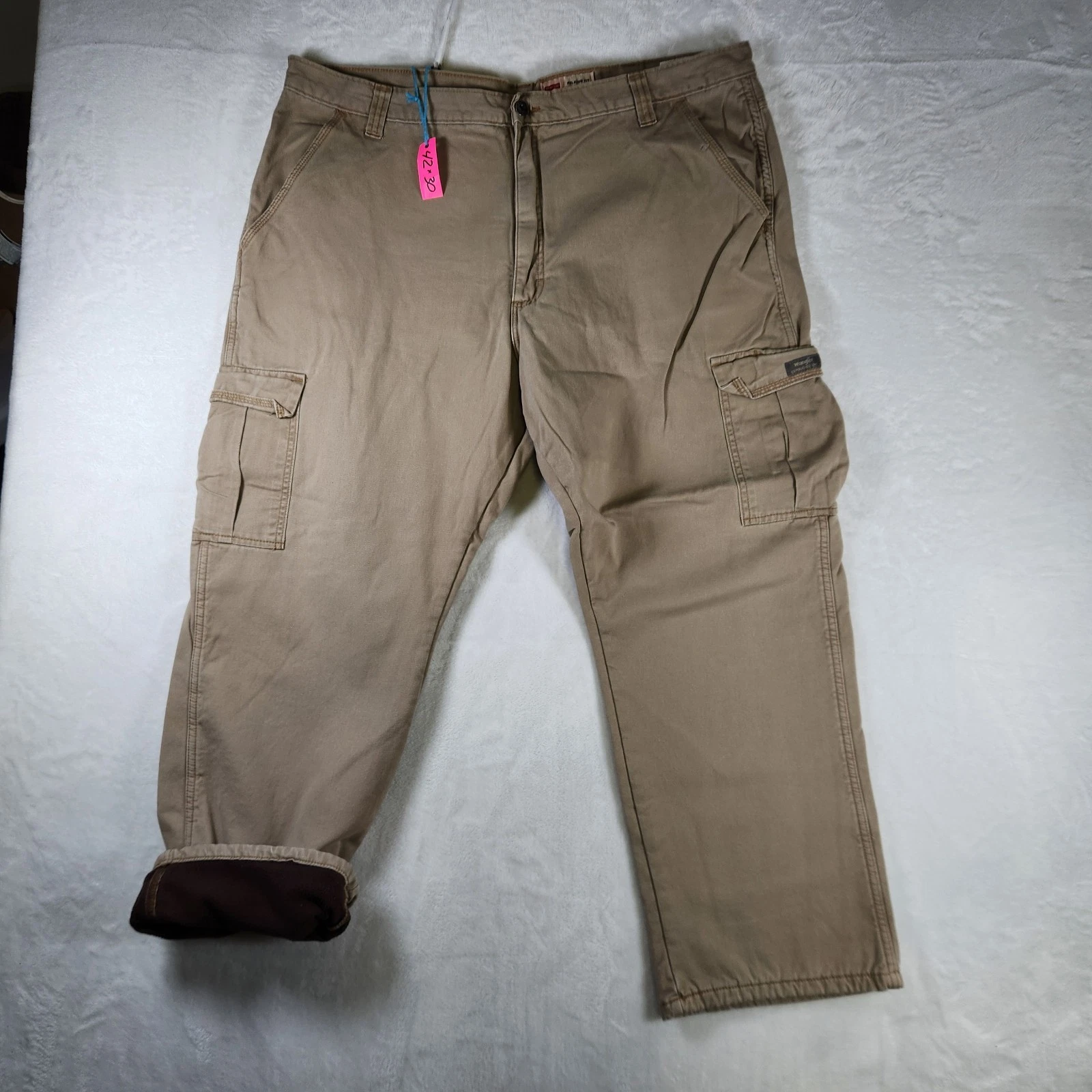Wrangler Mens Fleece Lined Cargo Pants Khaki 42x30 Relaxed Fit Winter Workwear