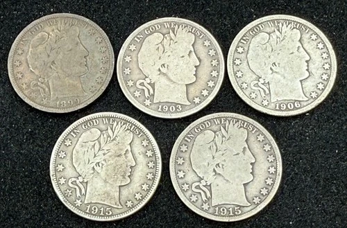 LOT 5 DIFFERENT BARBER SILVER HALF DOLLARS 1899 1903o 1906o 1915d 1915s $2.50