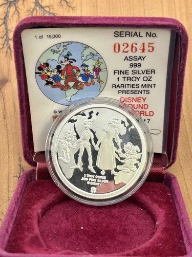 Disney Around the World 1oz .999 Silver Coin Proof Medal Box & COA  Limited Ed
