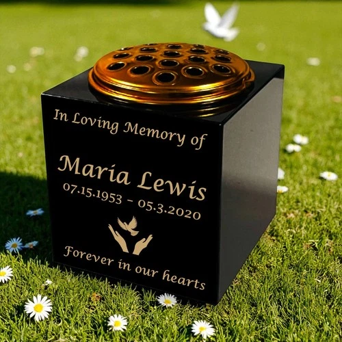 Personalised Granite Memorial Vase – Hands with Dove Design –Free Gold Engraving - Picture 1 of 6