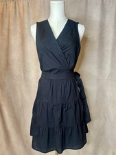 Nine West Black Wrap Dress Tiered Ruffle Cotton Sleeveless M