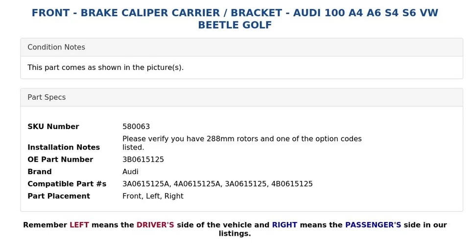 DELANTERO - SOPORTE PINZA FRENO - AUDI 100 A4 A6 S4 S6 VW BEETLE GOLF Foto 4 de 4