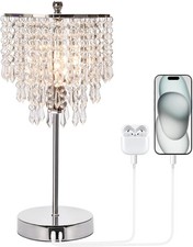 Touch Control Crystal Table Lamp W/ USB C A Charging Ports 3-Way Dimmable