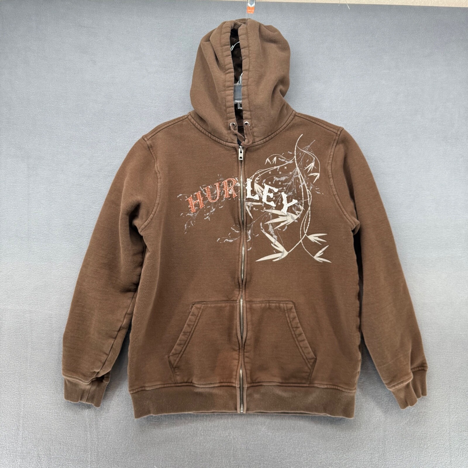 Hurley Full Zip Hoodie Mens Large Brown Distressed Cyber Grunge Punk Jacket