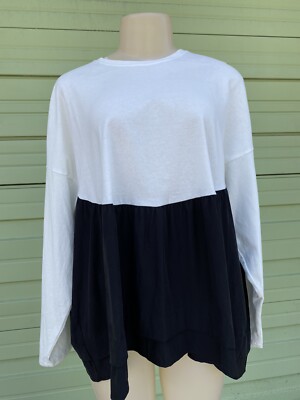 NWD ZARA Woman Black White CONTRASTING TOP Long Sleeve Cotton Size S #7255 READ