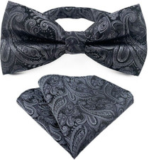Mens Pre-Tied adjustable Bow Tie Paisley Gray Black Bowtie Hanky Wedding Party