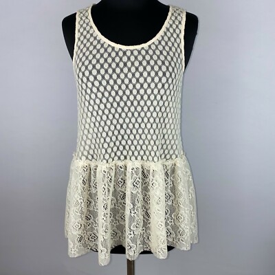 Hem & Thread S Polka Dot Floral Lace Crochet Peplum Tunic Tank Keyhole Back Boho