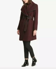 New Dkny Burgundy & Black Faux Leather Trim Wrap Wool Coat Sz 3x. $440 Retail