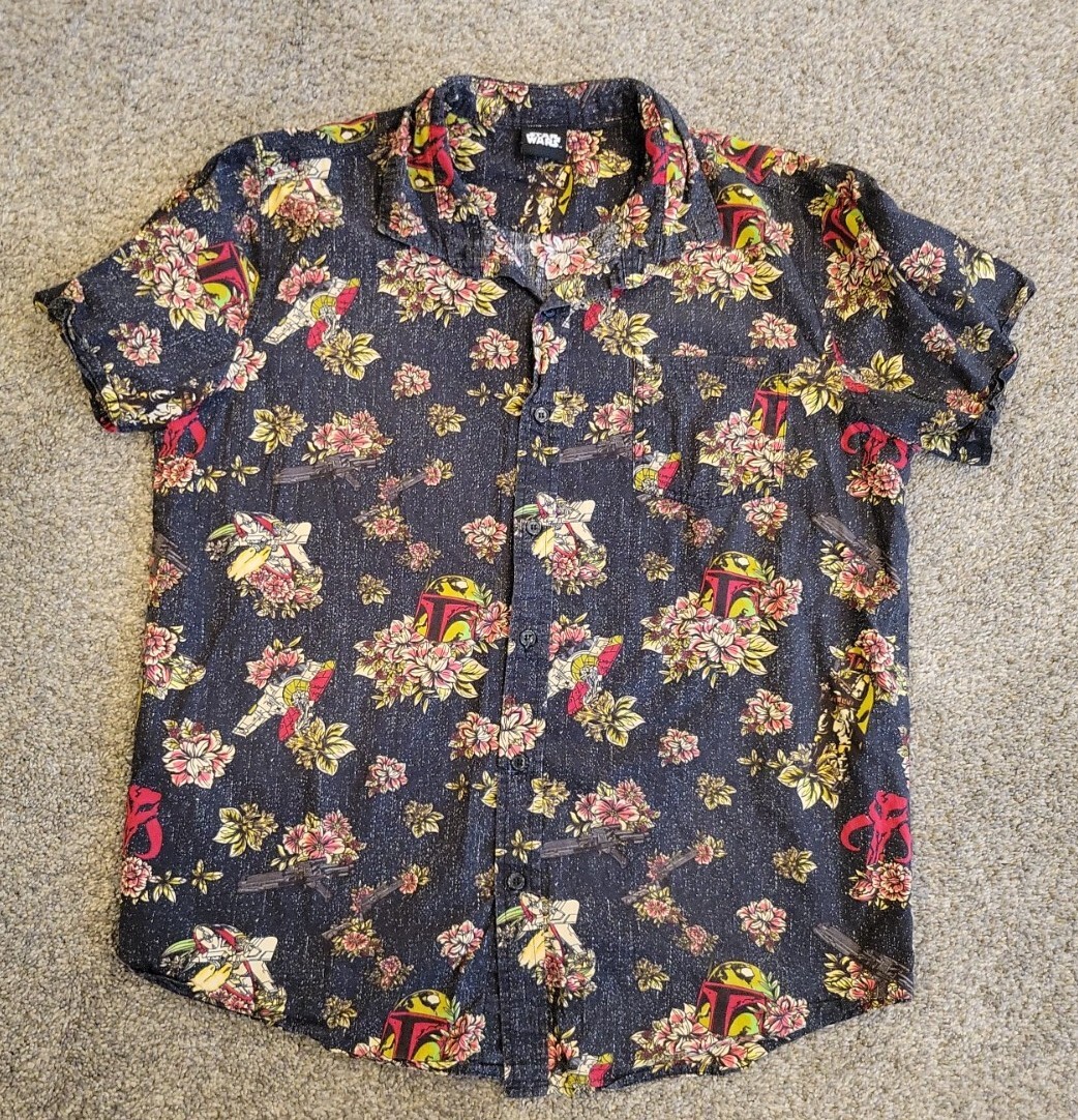 Star Wars Button Shirt Mens Medium Black Boba Fett Floral Woven