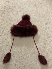 NEW Kids Girls Burgundy Knitted Fur Winter Hat 8/10