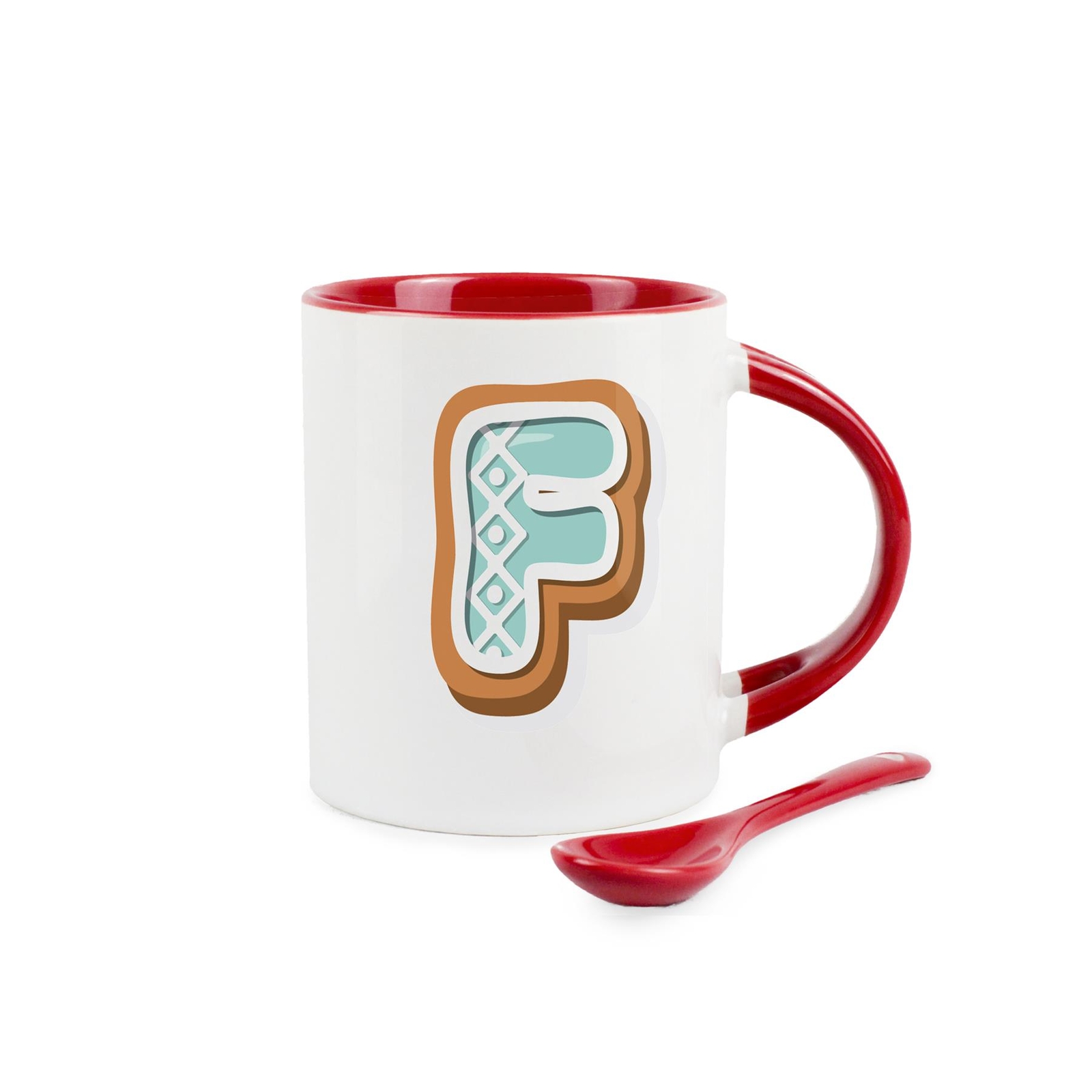 Christmas Cookies Letter F Mug and Spoon Set - Ceramic Red Mug Xmas Gift
