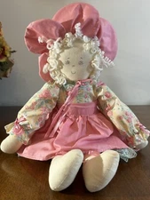 Handmade Rag Doll Floral Dress Pink Apron Bonnet 19"