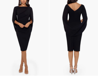   BETSY & ADAM Black Stretch Crepe 3/4 Cape Sleeve V-Back Sheath LBD Dress 14