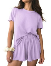 Womens Pajamas 2 Piece Ribbed Knit Pjs Short Sleeve Sleepwear Set Summer Soft...