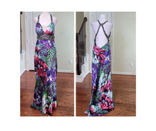 Xscape Y2K Slip Prom Gown Purple 10 Beaded Leopard Print Train Formal Open Back