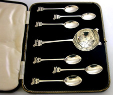 CASED SET of SIX STERLING SILVER LION TEA SPOONS & TEA STRAINER 1939 ART DECO