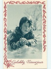 Pre-Linen New Year foreign SMILING GIRL GETS READY TO THROW A SNOWBALL HL9090