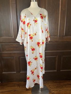Barbizon Vintage Caftan Robe Silky White Floral House Dress V-neck Size L (est.)