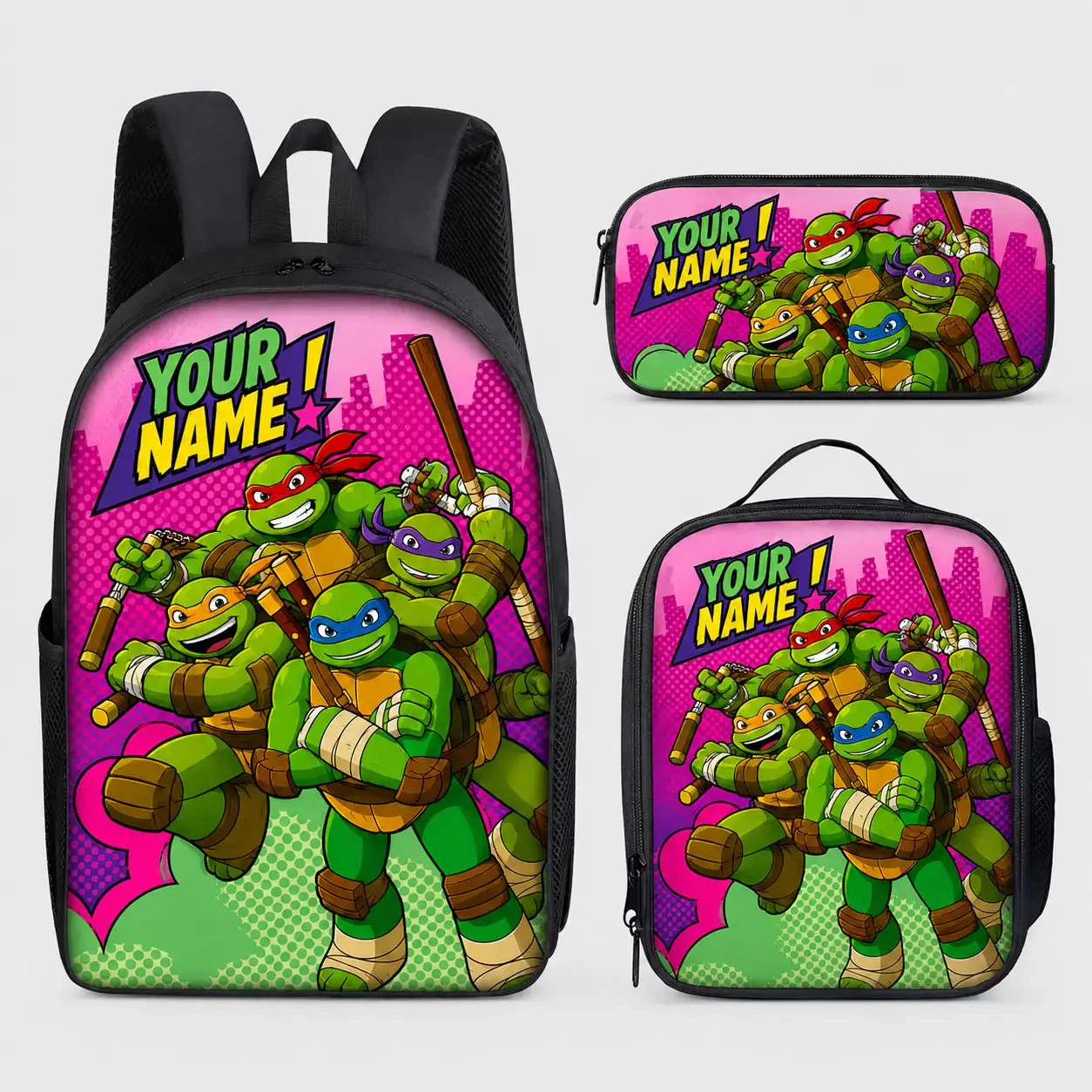 Personalized Ninja Turtle Style Backpack Lunch Bag Pencil Case Set Custom Name