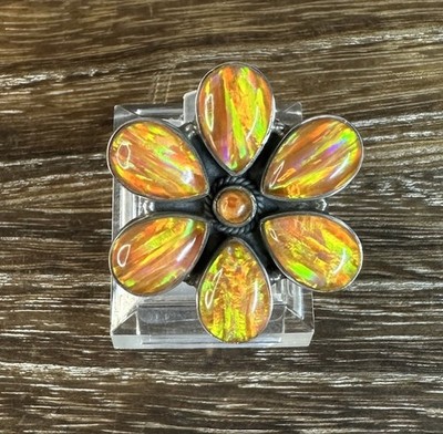 Native Southwest Sterling Silver Orange Aurora Opal Multi Gemstone Flower Ring 6