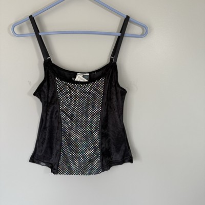 VTG Steve Madden Y2K 90s Tank Top Velour Black  Disco Silver Glitter Whimsigoth