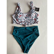 Zaful Floral Bikini Set High Waisted Ruched Teal Bottoms Womens Medium US 6 Swim