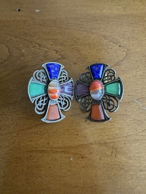 Vintage miracle Scottish Celtic Cross Clip On Earrings.silver And Colored Glass
