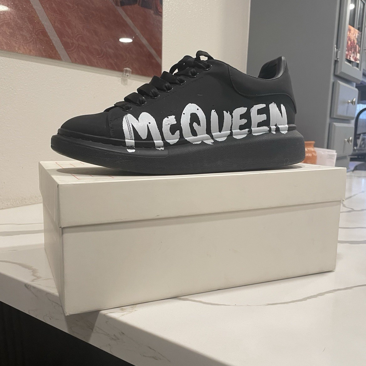 Alexander McQueen Graffiti Black Sneakers Logo Lace-Up Round Toe