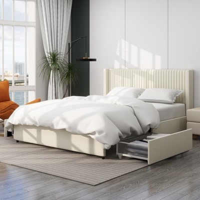 Ivory Velvet Upholstered Wingback Platform Bed 2 Drawer Storage Bed Frame