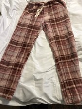 Plaid Fleece Pajama Pants Women  s Medium Pink Brown White Polyester Drawstring