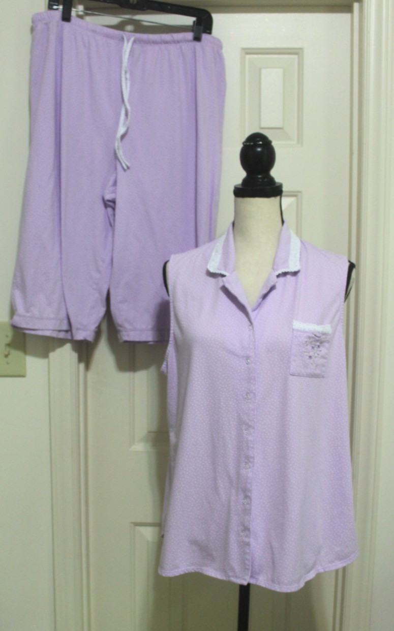 Aria 2 Piece Pajama Set Sixe XL Crop PJ Lavender White Polka Dots Women's