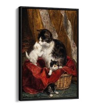 CAT & 3 KITTENS, HENRIETTE RONNER-KNIP- FLOAT EFFECT FRAMED CANVAS ART PIC PRINT