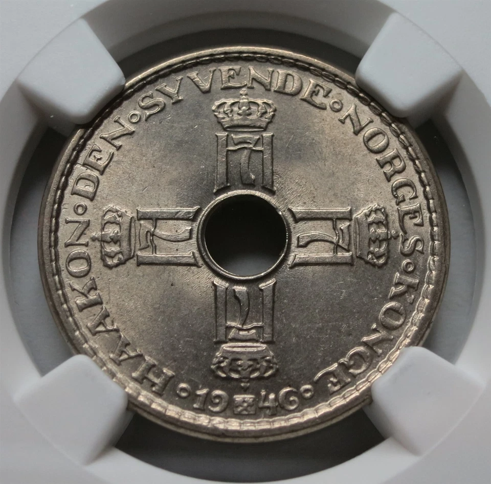 NORWAY Kingdom 1 krone 1946 NGC MS 64 UNC King Haakon VII Nickel Crown Holed - Image 2 of 4