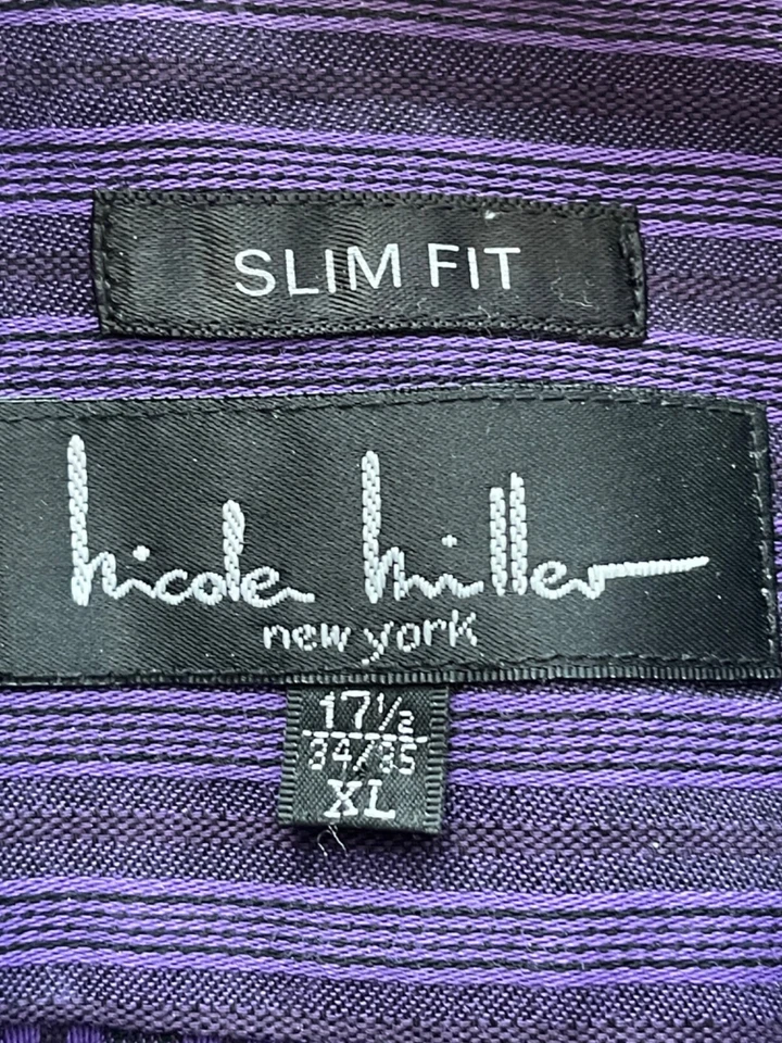 NICOLE MILLER LS кнопка рубашка мужчин XL 17,5 34/35 Slim Fit фиолетовый полоски откидной манжеты - Изображение 4 из 4