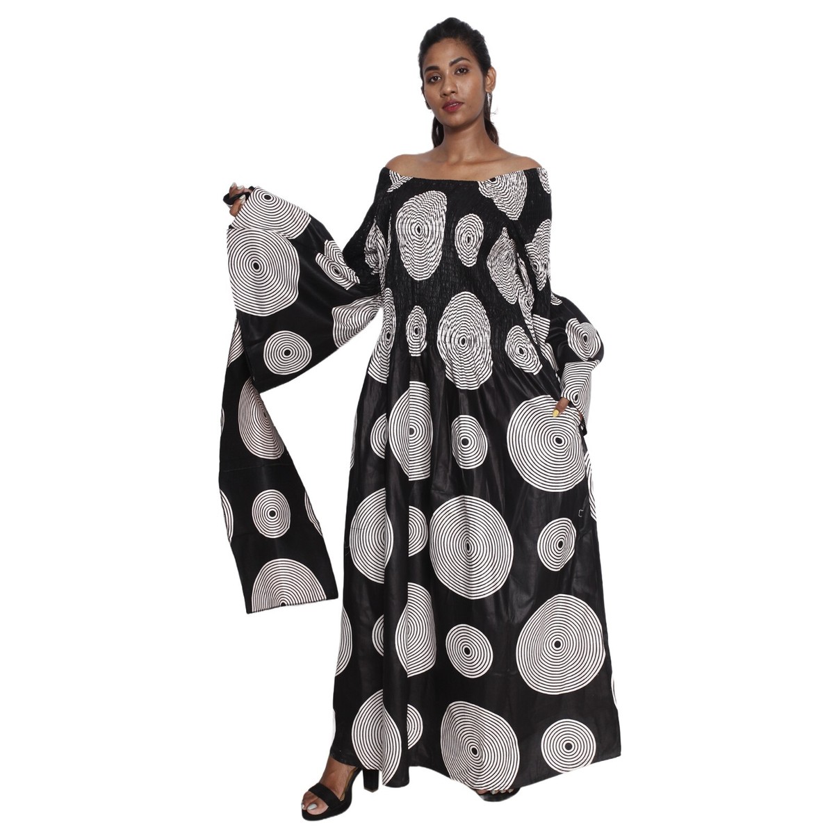 black and white african print dress Africa Women's Off Shoulder Smocking Bell Sleeve Maxi -- FI-50081 Ankara
