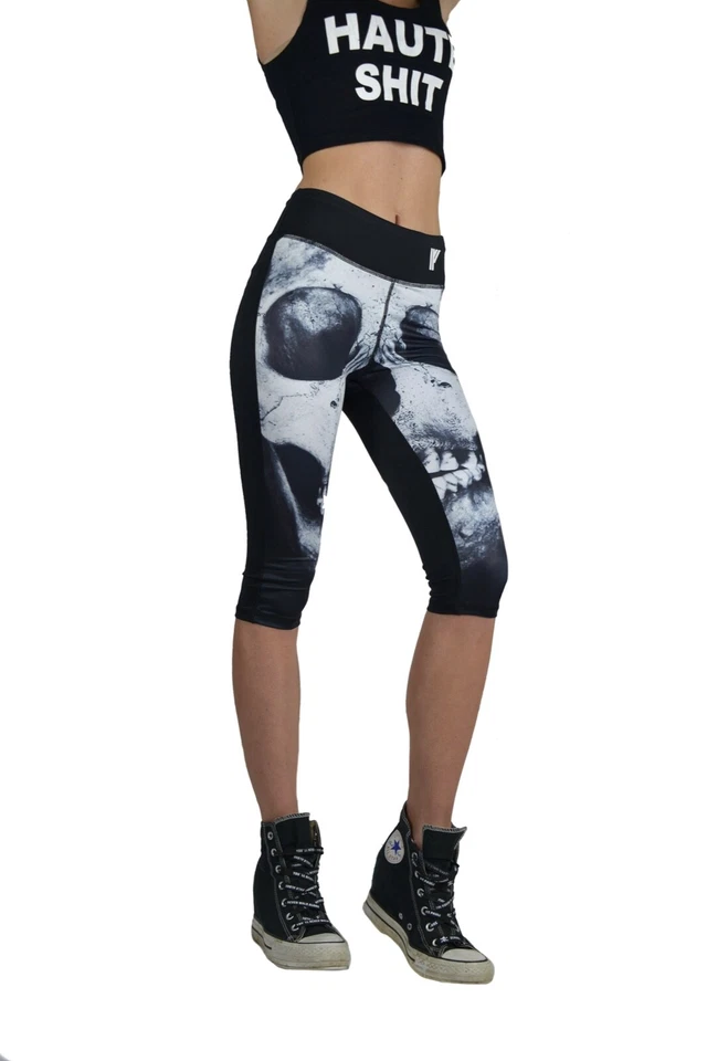 IRON FIST SKULL PUNK ROCK GOTHIC UNIQUE RARE BLACK LEGGINGS CAPRI WORKOUT FITNES - Imagem 2 de 4