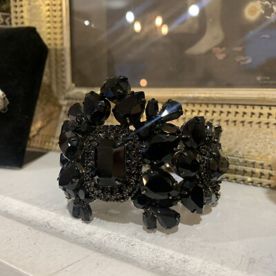 Vintage 1980's French Designer Marie Ferra Black Jet Stones Hinged Bracelet