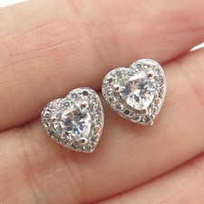 925 Sterling Silver Round-Cut C Z Heart Stud Earrings
