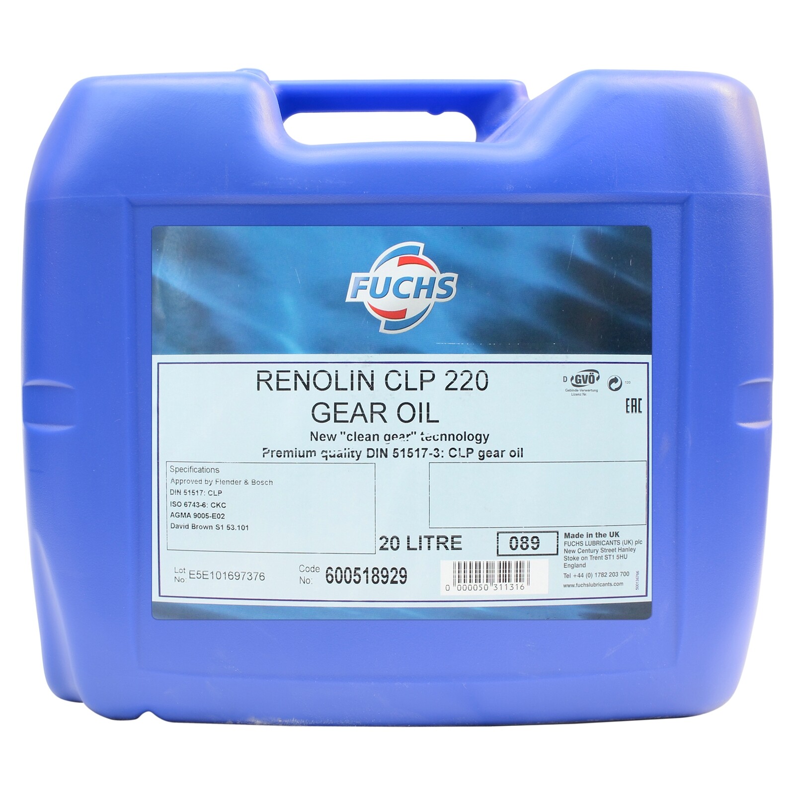 Fuchs Renolin CLP 220 High Quality Industrial Gear Oil Extreme Pressure 20L