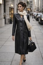 Nine West  Y2K Vintage Black Leather Trench Coat Sz L  Moto Preppy Rockabilly