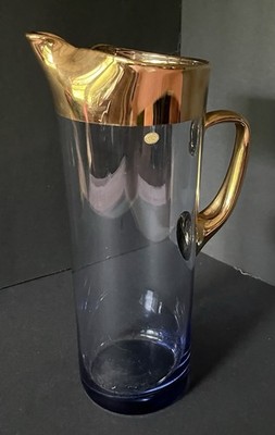 MCM Deep Blue Glass Decanter Hungarian Tall Cocktail 22kt Gold Accents Vintage