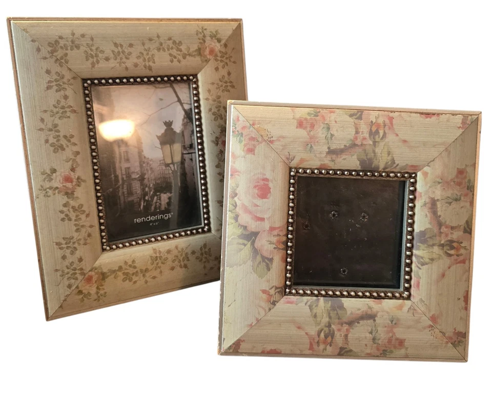 Renderings Floral Wood Picture Frame Set – Shabby Chic Beaded Trim – 4x6 & 3x3 – - Image 2 of 4