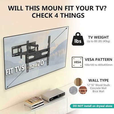 WALI FULL MOTION TV WALL MOUNT FOR 32 70 INCH TVS - BLACK
