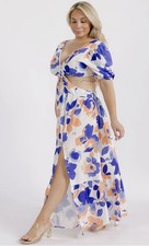 Floral Cut Out Tie Ruffle Maxi Dress. Puff Sleeve V-Neck Blue Orange White