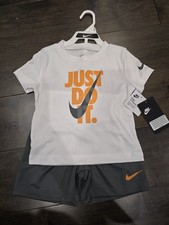 Nike Toddler Boys Just Do It White Gray Orangr Shorts and shirt Set 24M New